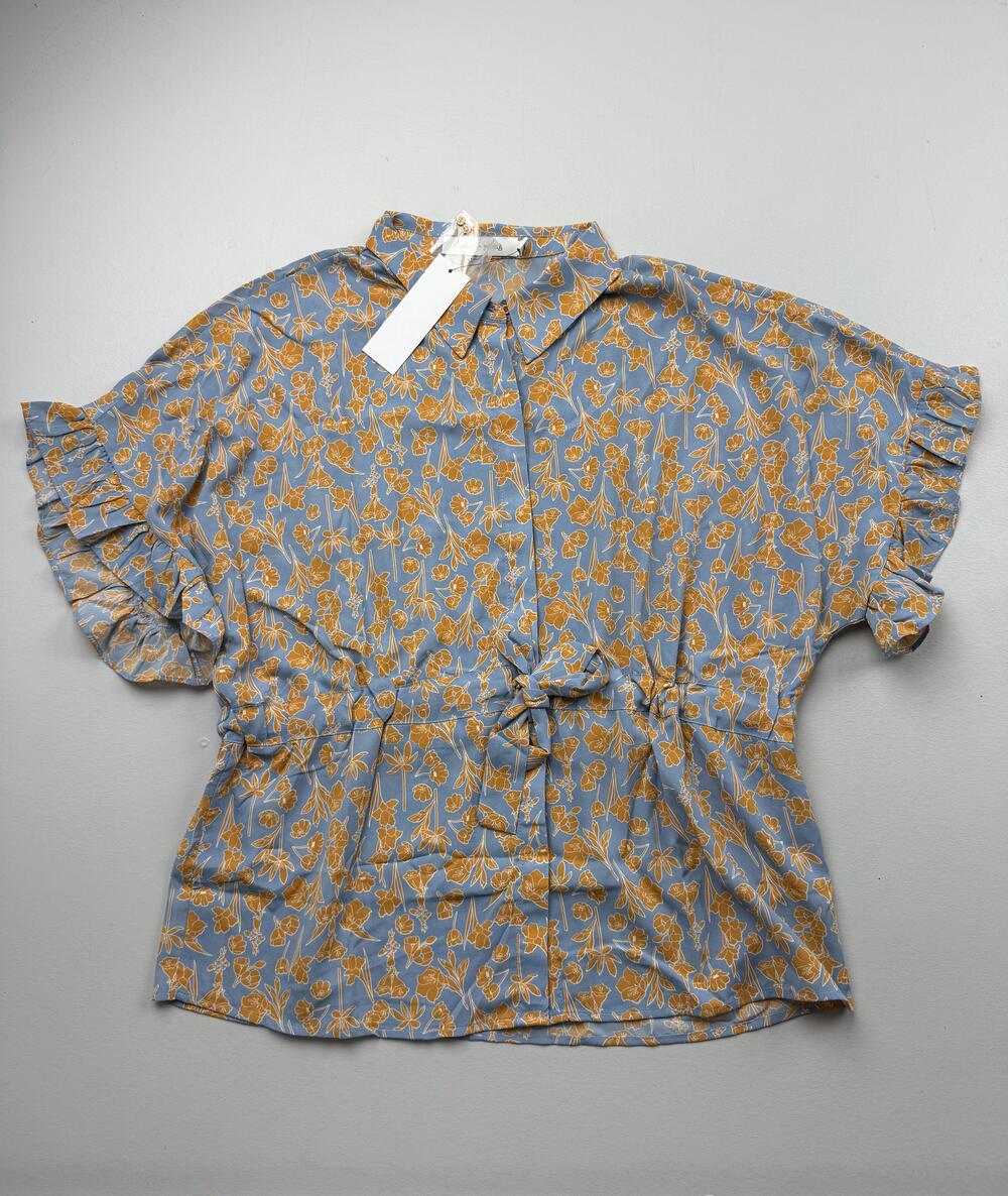 Bishop + Young Blouse Womens L Blue Collared Short Flutter Sleeve Floral Top
